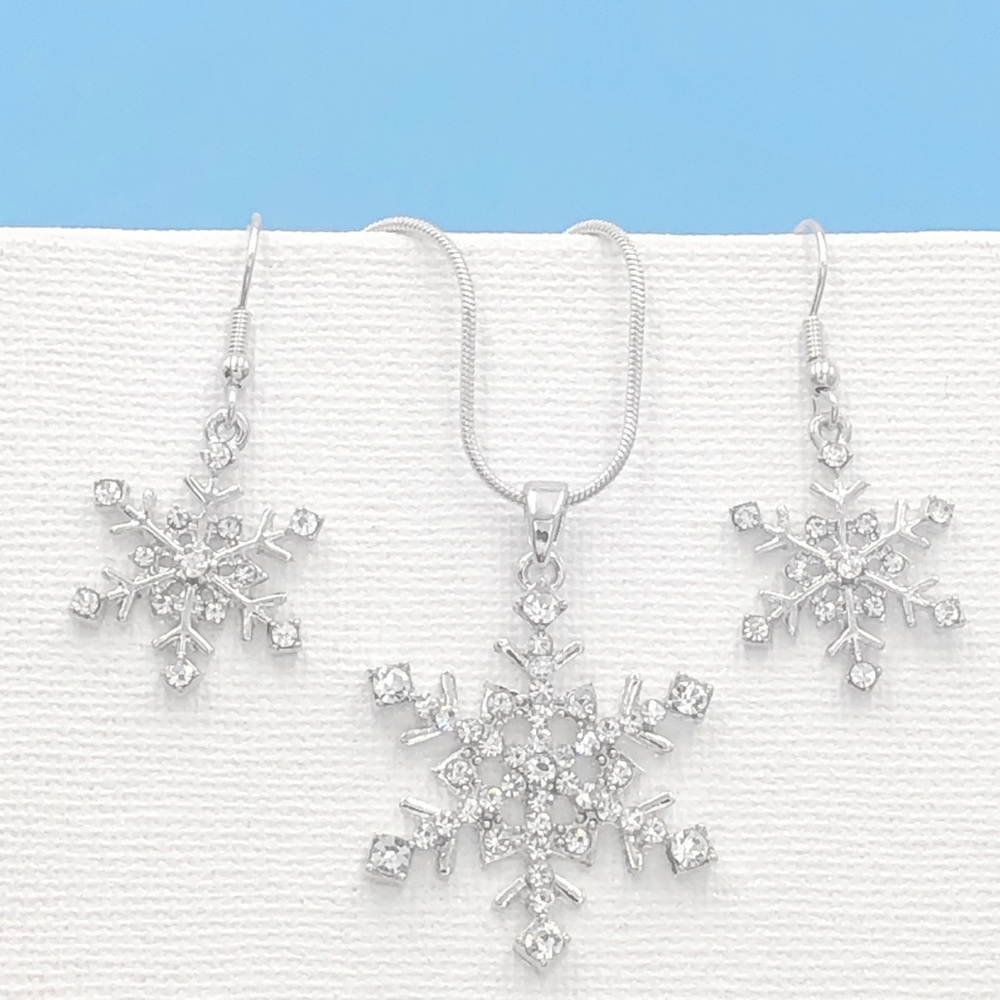 Snowflake Rhinestone Silver Necklace Earrings Set